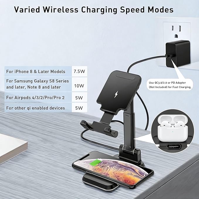 Wireless Charger, 2 in 1 Wireless Charging Station, Phone Charger Stand Phone Holder for Desk Compatible with iPhone 17 16 15 14 13 12 Pro Max Plus, Airpods 4 3 2 Pro, Samsung S25 S24 S23 Note 20