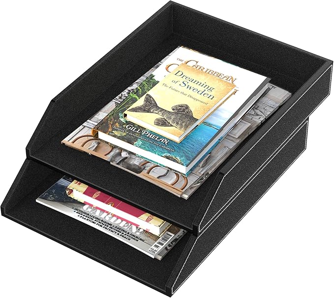 Leather Letter Tray, Thipoten Stackable Desk Organizer Holder for Office Supplies, Paper, File, Magazine, Perfect Office Organization for Desktop (Black-2Tiers)