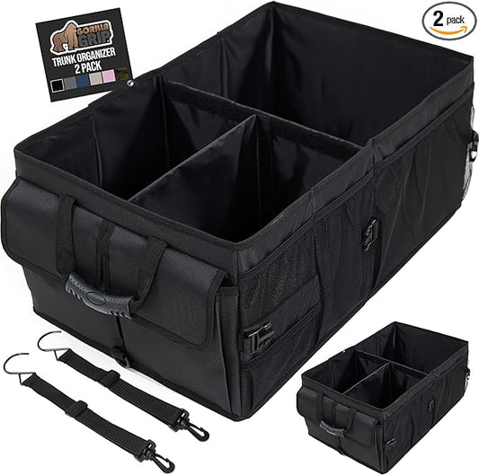 GORILLA GRIP Large Capacity Sturdy Trunk Storage Organizer, Slip and Water Resistant Collapsible Organization Container for Car Sedan or SUV, Multi Compartment Box Vehicle Accessories, 2 Pack, Black