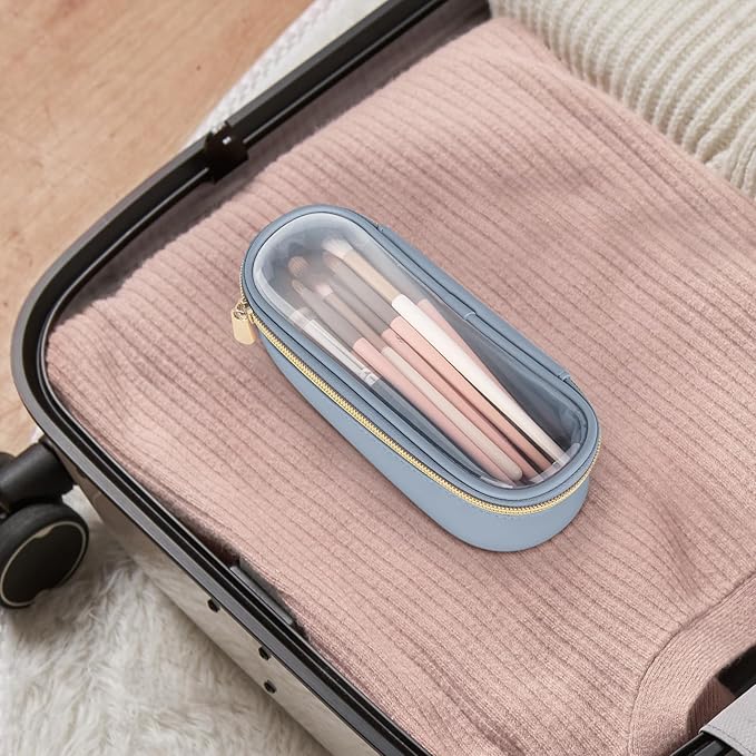 Soimeat Clear Travel Makeup Brush Holder, Leather Makeup Brush Toiletry Bag, Portable Cosmetic Brush Case, Transparent Waterproof Makeup Brush Storage Bag, Blue