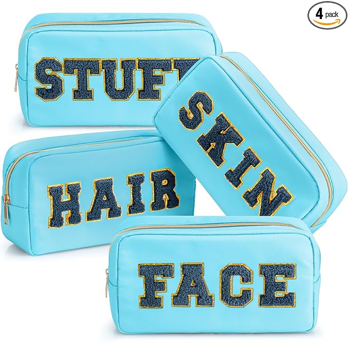 Remerry 4 PCS Nylon Cosmetic Bags Waterproof Spacious Travel Makeup Organizer for Women Chenille Letter Preppy Zipper Pouch Face Stuff Skin Hair Organizer Gift(Blue Color)