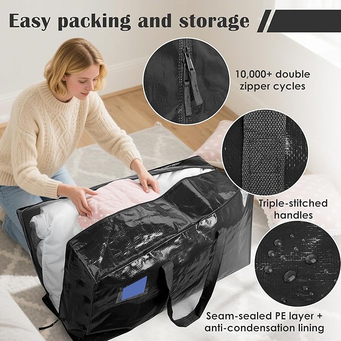 6 Pack Moving Bags with Full-Open Side Zipper, Extra Large 93L Heavy Duty Waterproof Foldable Storage Totes for College Dorm, Moving & Home Organization Black