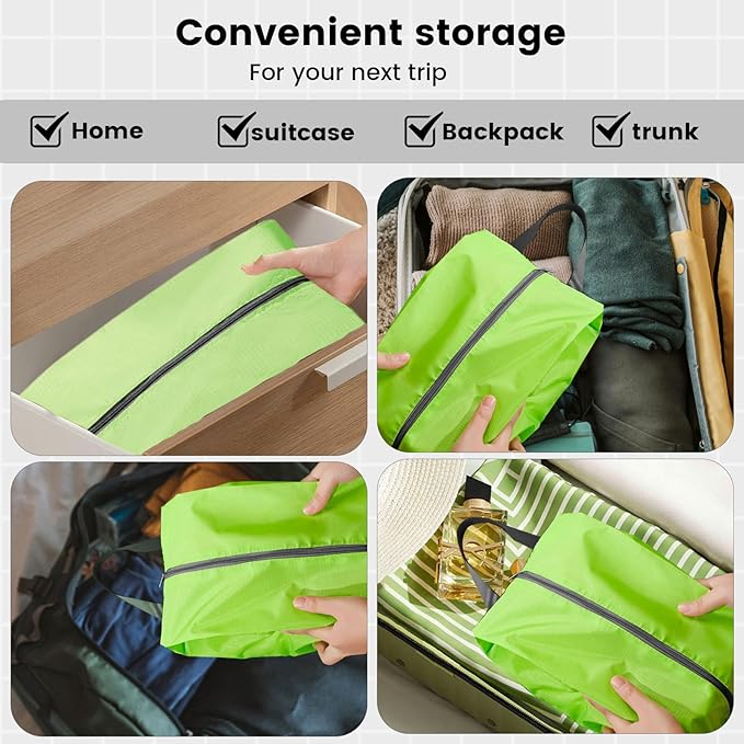 3 Pack Folding Shoe Bags for Travel with Zipper Closure, Waterproof Shoe Storage Bag with Handle, Washable Shoe Organizers Packing Cubes for Gym Women Men (Green)