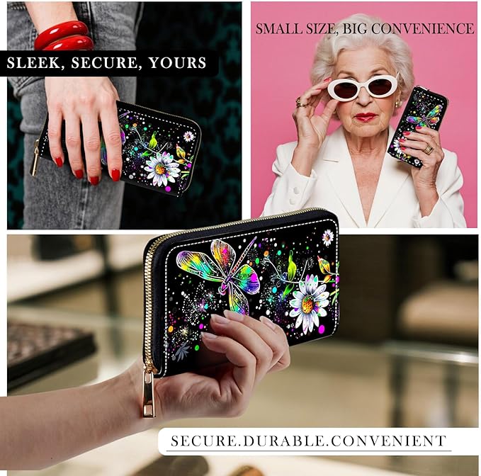 RFID-Blocking Zip Around Wallets for Women with Detachable Wrist Strap,Large Capacity Phone Holder with Card Organizer & Coin Pocket,Dragonfly and Daisy Flower
