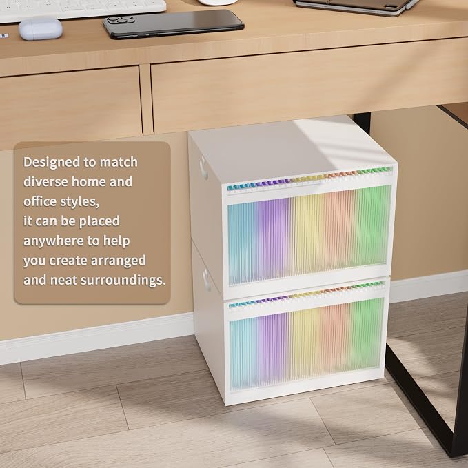 Bamboo Hanging File Boxes with Lids 2 Pack, File Organizer Box for Letter/Legal File, File Box with Hanging Folders Acrylic Light Easy Assembly File Storage Boxes for Home Office, White