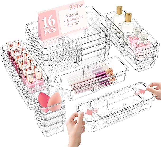 DILIBRA 16 Pcs Clear Extendable Drawer Organizer, 3-Size Adjustable | Plastic Non-Slip Storage Bins, For Makeup Cosmetic Jewelries, For Utensils Stationery, For Dressers Tool, Desk Drawer Storage