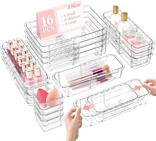 DILIBRA 16 Pcs Clear Extendable Drawer Organizer, 3-Size Adjustable | Plastic Non-Slip Storage Bins, For Makeup Cosmetic Jewelries, For Utensils Stationery, For Dressers Tool, Desk Drawer Storage