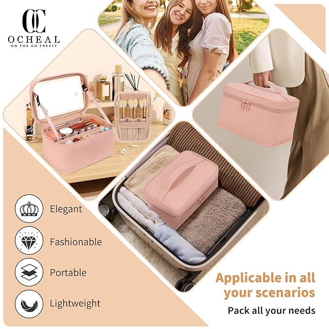 Makeup Bag With LED Mirror, Lightweight Travel Makeup Bag With 3 Color Setting Light Up Mirror Cosmetic Makeup Organizer Vanity Case for Women Beauty Tools Accessories Rechargeable Train Case-Pink