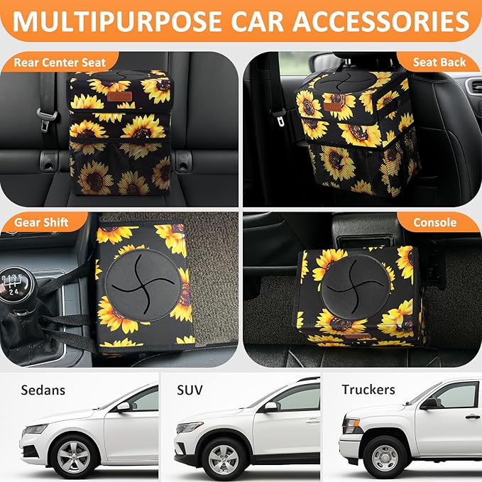 Vankor 3 Gallons Car Trash Can with Lid, Car Bag Bin Hanging Waterproof Automotive Garbage Cans Leak Proof Vehicle Trash Can Sunflower