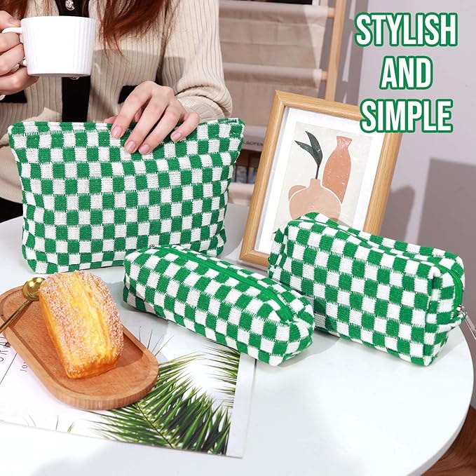 3 Pcs Makeup Bag Cosmetic Bag Set for Girls Women Checkered Travel Organizer Bathroom Toiletry Pouch Large Capacity Storage Bag(Green-White)