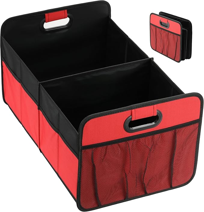 Simple Deluxe Trunk Organizer for Car/SUV/Truck, Collapsible 2 Compartment 50L Automotive Storage Box with 5 Pocket, 600D Waterproof Oxford Polyester, Anti-slip & Leak-proof, Red New