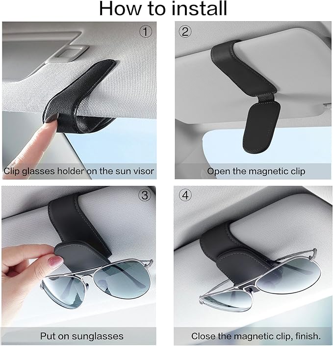 2 Packs Sunglass Holder for Car Sun Visor, Magnetic Eyeglass Hanger Clip for Car Visor, Leather Car Glasses Mount, Car Interior Visor Accessories (Beige-2Pcs)
