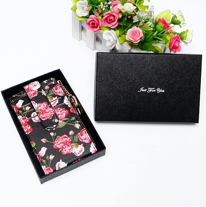 Badiya Slim Women Wallet RFID Blocking Bifold Compact 9 Card Slots Holder Wallets Soft Leather with Zipper Coin Pocket 2 ID Window