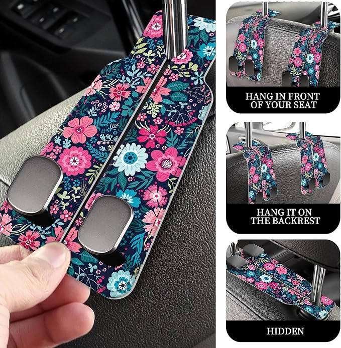 PU Leather Car Seat Hook, Storage Headrest Hanger, Cute Car Backseat Organizer, Car Hooks For Purses and Bags Pink Blue Flowers