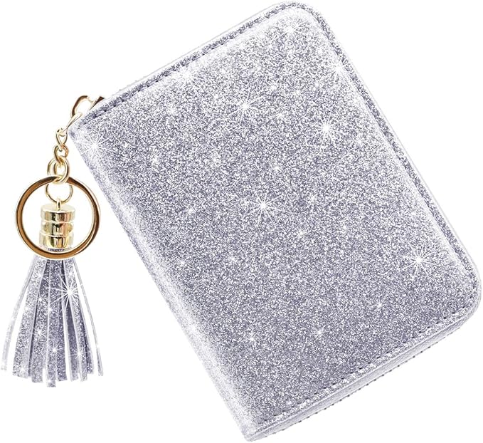 Coco Rossi Women's Small Credit Card Wallet RFID Glitter Cute Credit Card Holder Wallets for Women -Silver