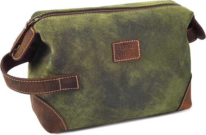 LEATHER VILLAGE Genuine Leather Dopp Kit for Men & Women with Waterproof Lining – Distressed Travel Toiletry Bag, Shaving & Bathroom Essentials Organizer - Distressed Green