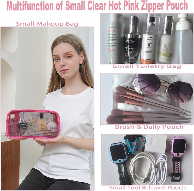 Travel Essentials Makeup Bag for Women Water-resistant Toiletry Organizer Nylon Cosmetic Pouch Preppy Stuff Clear (M,HotPinkClear)