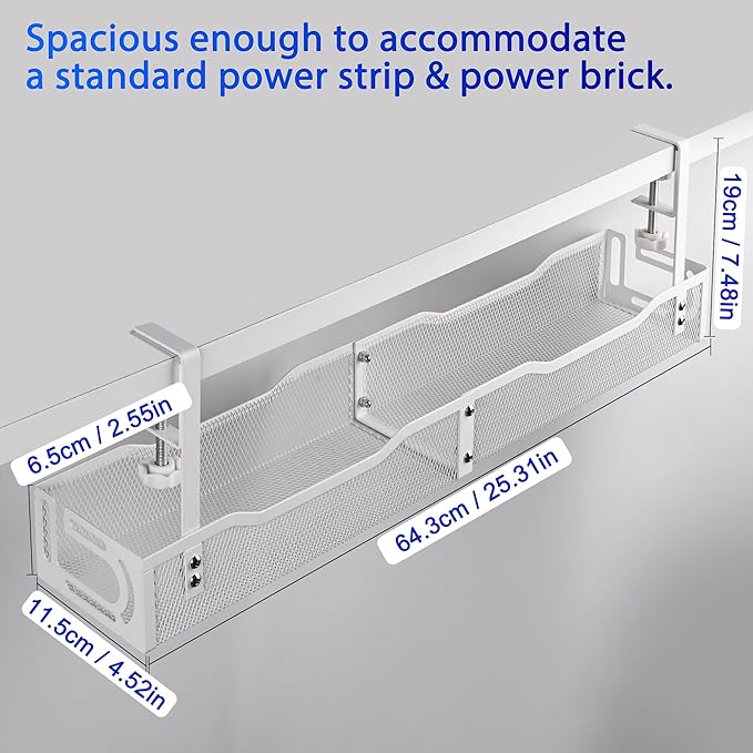 Under Desk Cable Management Box 25.3 Inch – Clamp-Mounted Cable Organizer Tray, Large Cord Management Box for Office & Home, Wire Organizer Under Desk Storage, White