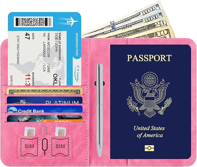 Airtag Passport Holder for Travel Essentials Wallet Rfid Blocking Cover Leather Case Vacation Travel Accessories for Women Men (601#Pink)