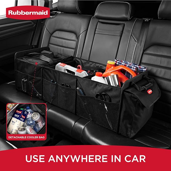 Rubbermaid Car Organizer, Collapsible Trunk Organizer with Removable Leakproof Cooler Bag without Lid, Multi-Compartment Car Storage Organization for Car Accessories, 5 Compartments Without Cover,