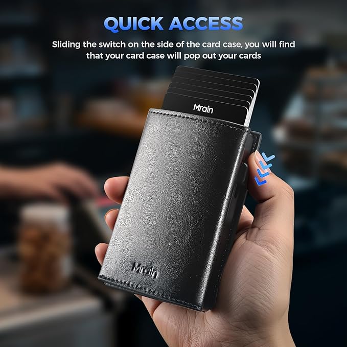 Mens Slim Minimalist Wallet Card Holder with Coin Pocket, Cash Slot, Magnetic Closure, Pop Up Aluminum Case, ID Window, Leather Wallet, RFID Blocking, 9-13 Card Capacity (Wax Black)