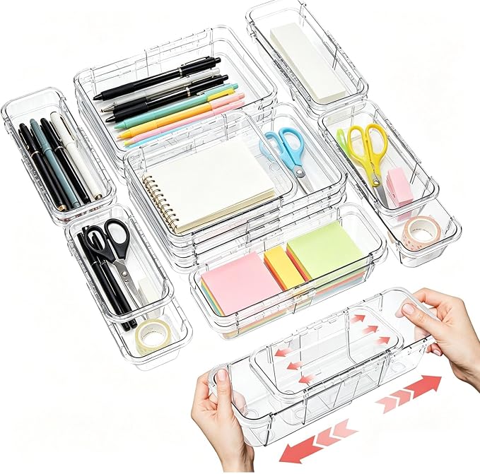 15 PCS Expandable Drawer Organizer Set, Adjustable Acrylic Drawer Dividers, Clear 2-Size Storage Bins for Makeup Organization, Vanity, Desk, Kitchen Drawers