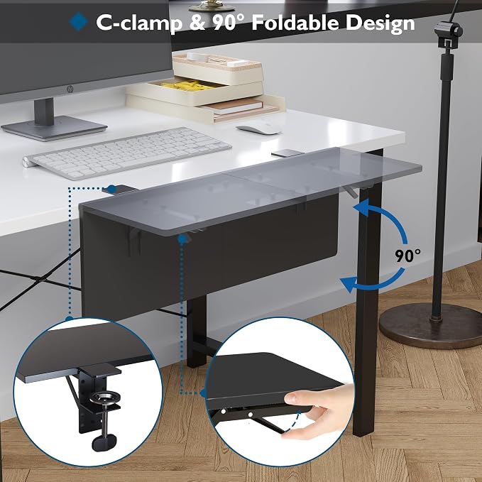 BONTEC Ergonomics Desk Extender Tray, 27.2x9.5 Inch Table Mount Arm Rest Shelf, 90° Foldable Keyboard Tray Platform, Clamp on Computer Arm Rest for Desk, Suitable for Office Desks, Black Carbon Fiber