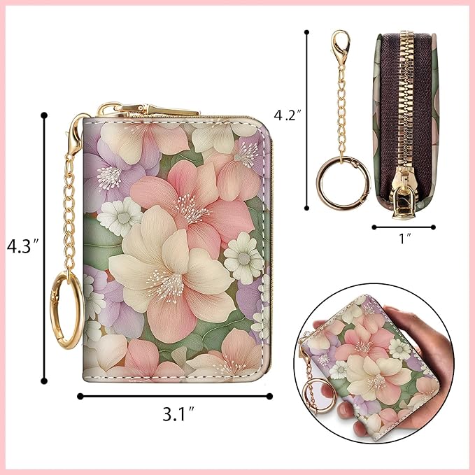 Blusabaca Flower Floral Credit Card Holder for Women, Small RFID Wallet with Zipper, Card Keychain Wallet, Leather Wallet Card Case, Business Blocking Accordion Wallet Gift