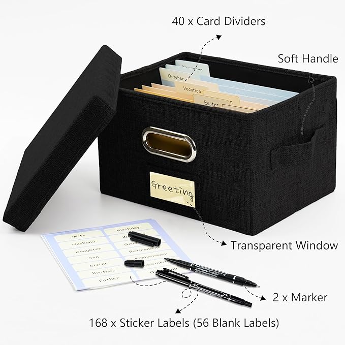 Greeting Card Organizer and Storage Box with 40 Pcs Adjustable Dividers, Storing Cards with 168 Pcs Labels Perfect for Storing Greeting Cards, Envelopes, Photos 2 Pack Black
