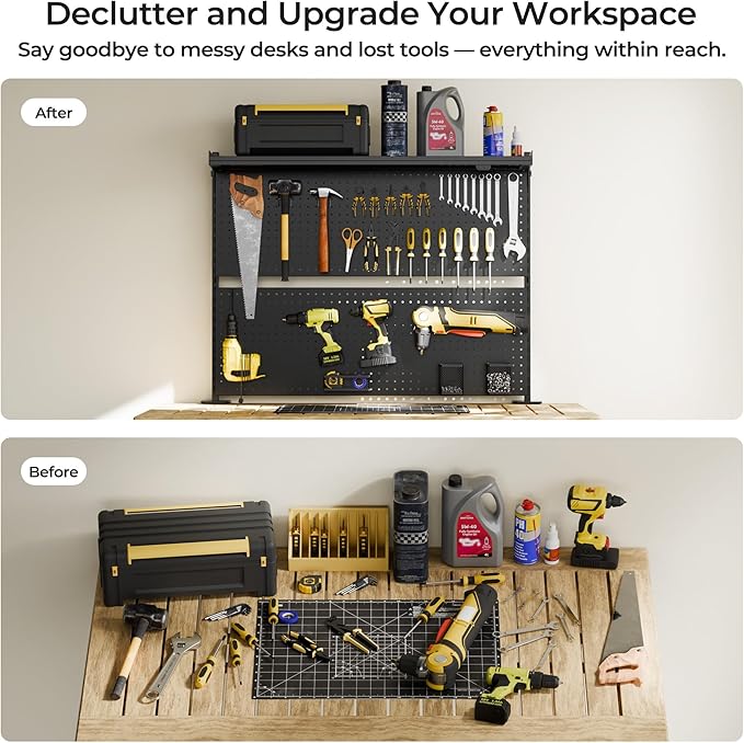 EUREKA ERGONOMIC Pegboard with Dual Monitor Stand,Steel Pegboard for Desk,Computer Accessories for Office, Privacy Panel for Gaming Desk, 4 Accessories Modular Hanging,43 x 34inch, Black