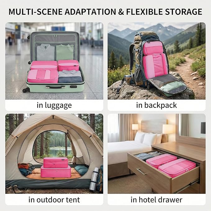 4 Piece Compression Packing Cubes for 3–7 Day Travel, Space Saving Travel Organizers with Breathable Mesh, Double-Zipper Packing Cubes for Carry-On & Suitcases (Pink)