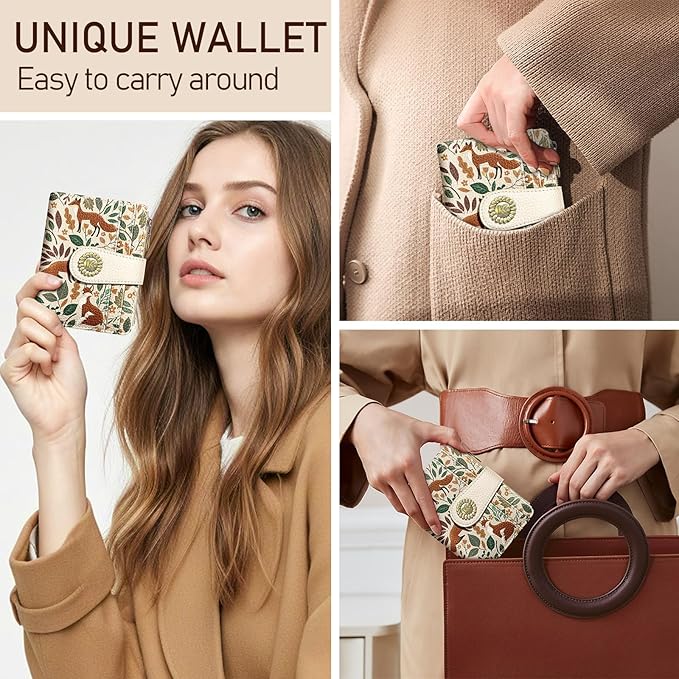 Kelvoris Cute Fox Leaves Small Rfid Women Wallet Bifold Zipper Coin Pocket PU Leather Compact Cash Credit Card Holder Travel Wallet for Female Ladies Teen Girls 1 ID Window 10 Card Slots