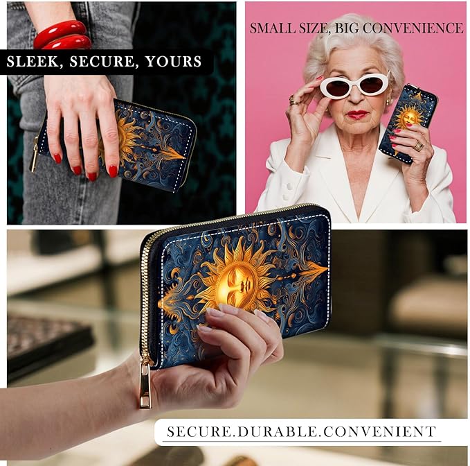 RFID-Blocking Zip Around Wallets for Women with Detachable Wrist Strap,Large Capacity Phone Holder with Card Organizer & Coin Pocket,Vintage Sun Face