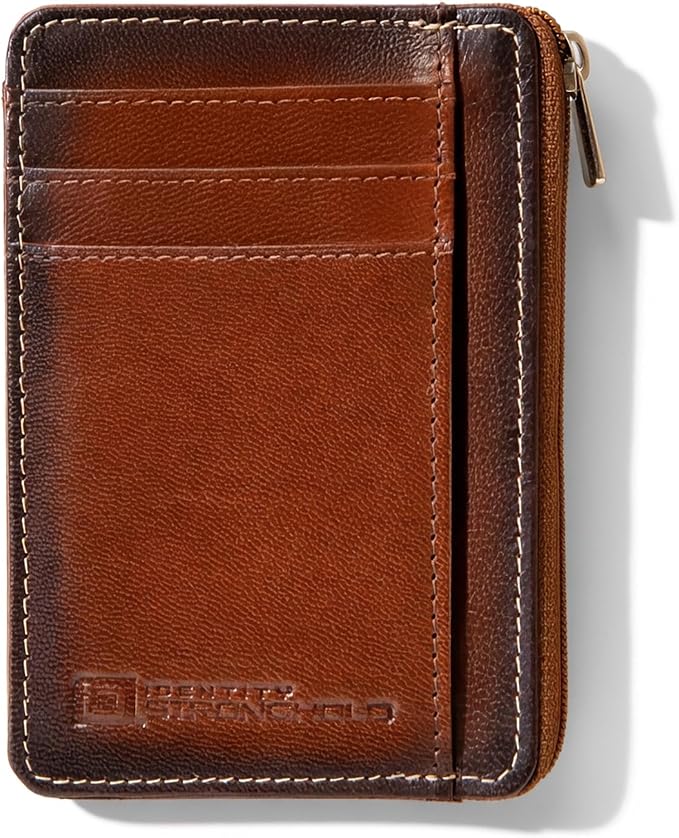 ID Stronghold RFID Blocking Front Pocket Wallet – Slim Minimalist Genuine Leather Wallet with Zipper Coin Pocket (Antiqued Brown)