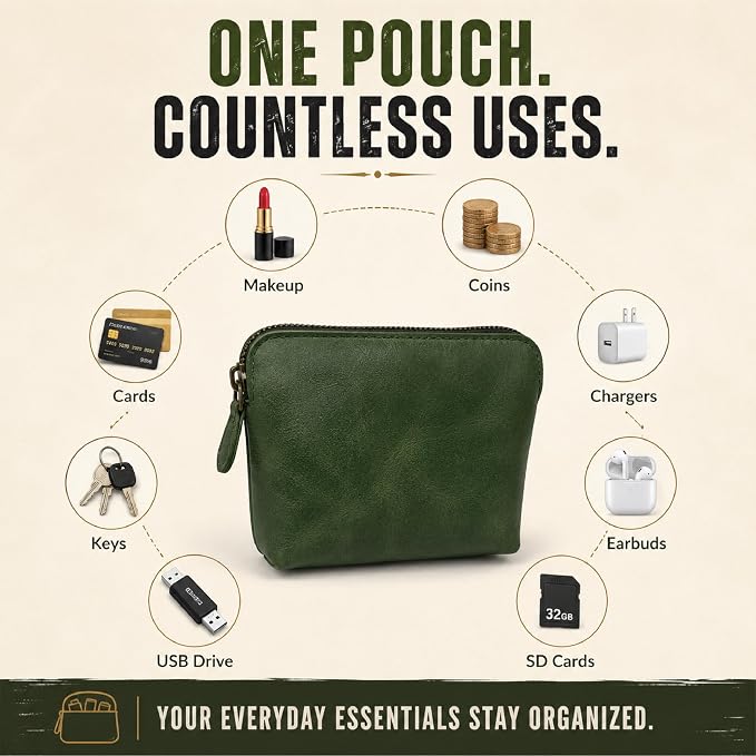 Full Grain Leather Cosmetic Bag – Zippered Makeup Pouch for Women, Small Travel Toiletry & Organizer Pouch for Purse, Premium Handmade Leather (5 × 4 × 2.5 in)