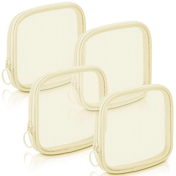 Weewooday 4 Pcs Mesh Makeup Bag Mesh Cosmetic Bag Travel Toiletry Pouch with Zipper Mini Makeup Cosmetic Purse for Daily Accessory(Small,Beige)