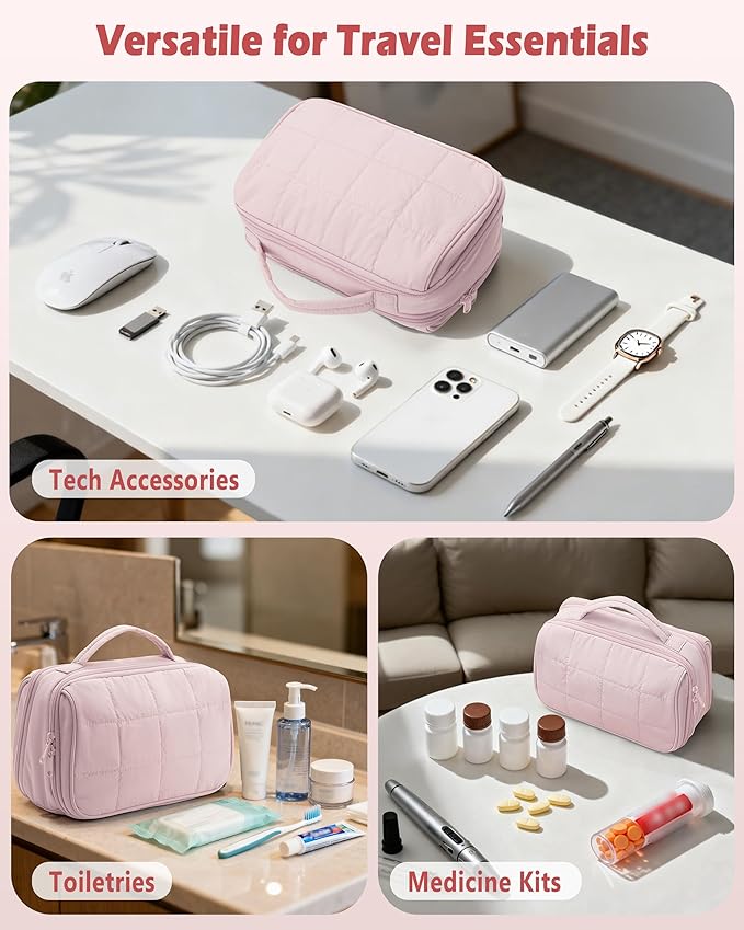 Marscamd Travel Makeup Bag for Women, Puffy Cosmetics Organizer with Waterproof Pockets, Toiletry Pouch for Makeup Brushes, Skincare & Travel Essentials, Pink (Bag Only)