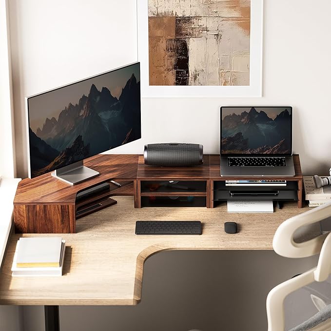 Fenge Dual Monitor Stand, Corner Monitor shelf with Drawer and Slide-Out Tray, 2 Tier Triangle Monitor Riser with Storage, Desk Shelf Organizer for Desk, Home Office, Computer, Laptop, Printer