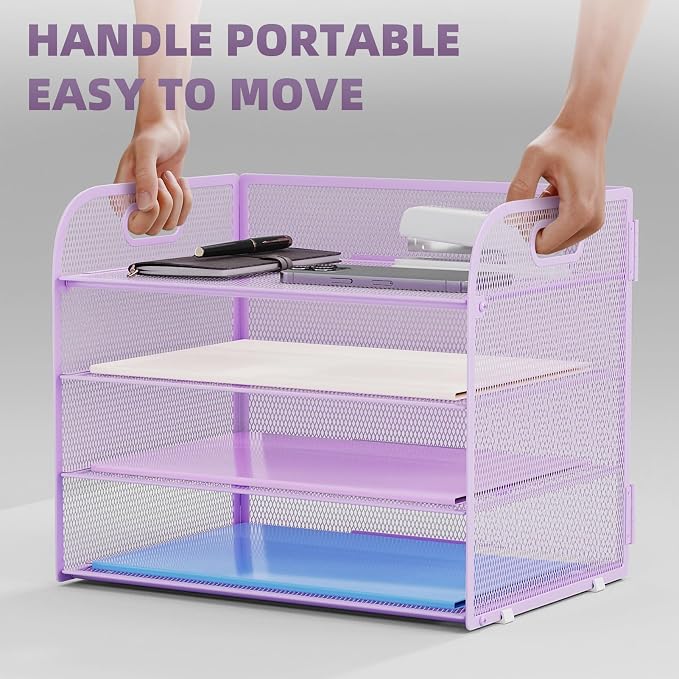 Marbrasse 2 Pack 4 Tier Paper Organizer Letter Tray - Mesh Desk File Organizer with Handle, Paper Sorter Organizer for Letter/A4 Office File Folder Holder (Purple, 12.6" x 9.1" x 10.7")