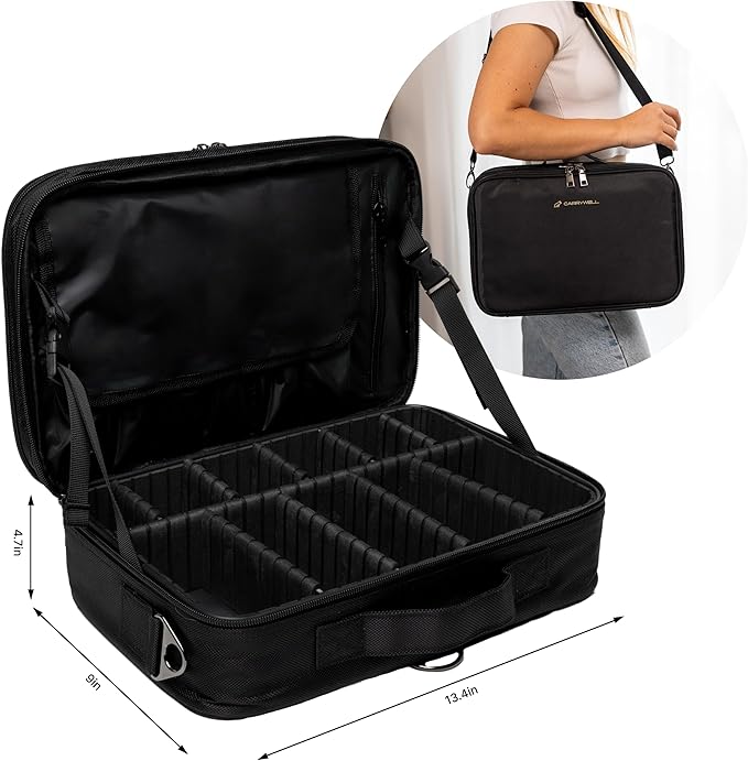 Carrywell Makeup Bag Travel Case, Not-Made In China, Hard Train Case for Cosmetics, Portable Beauty Artists Organizer, Storage Box With Adjustable Dividers For Make Up and Brushes, Medium Black