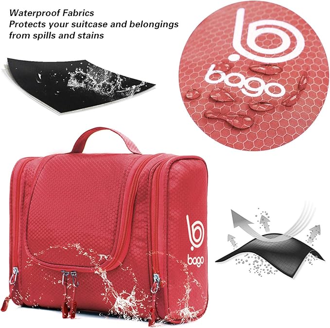 Bago Travel Toiletry Bag for Women and Men X-Large Waterproof Hanging Large Toiletry Bag for Bathroom and Travel Bag for Toiletries Organizer -Travel Makeup Bag (Red)