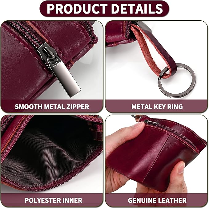 Wine Red Genuine Leather Multi-Functional Wallet - Compact Card Holder, Coin Purse & Key Organizer with 3 Zippers, Built-in Key Ring, Perfect for Travel, Work & Daily Use