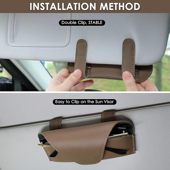 Magnetic Sunglass Holder for Car Visor Clip, Leather Car Glasses Holder, Visor Accessories Eyeglasses Holder Glasses Storage Case (02-Khaki)