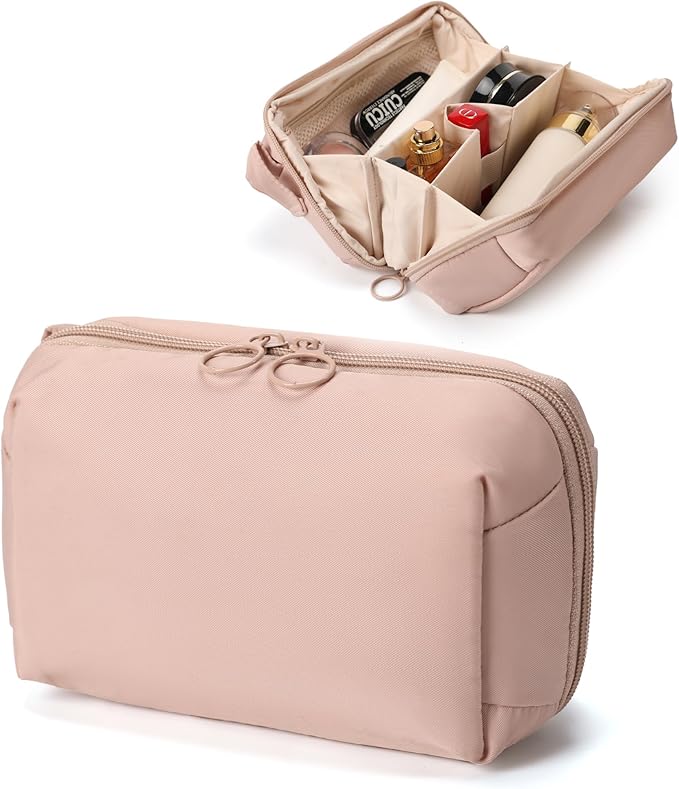 Fabric Cosmetic Bag with Multi-Compartments - Machine Washable Makeup Organizer, Water-Resistant Travel Toiletry Pouch, Lightweight Portable Beauty Bag for Purse Light Pink