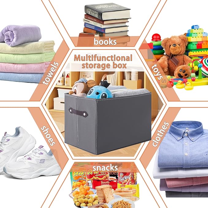 3 Pack Large Collapsible Storage Baskets for Shelves,14.9"x9.5" Fabric Closet storage Boxes with Leather Handles,Decorative Organizers Storage Bins for Clothes,Sheets,Toys,Books,(Gray)