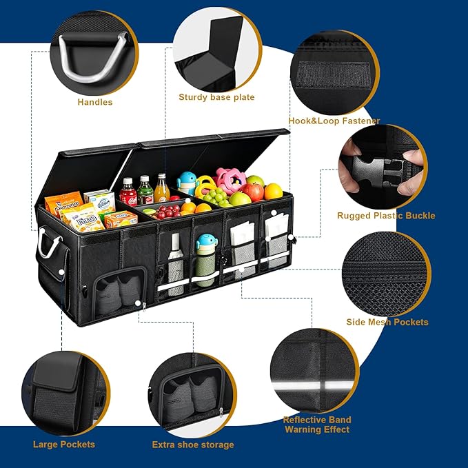 Car trunk organizer, Collapsible Multi-Compartments Car trunk Organizer with Shoes Storage Space, Reflective Strip, Perfect for Car & SUV (34.5 * 13.8 * 11.8 INCH)