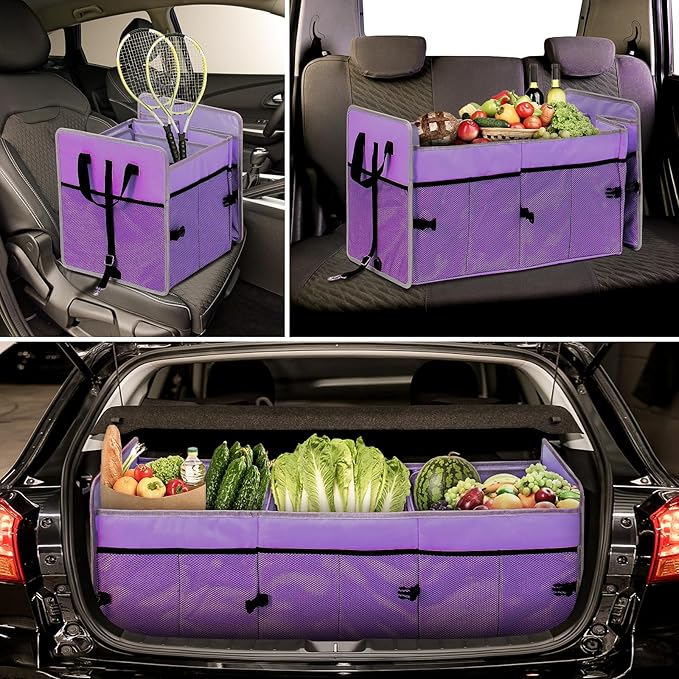 Collapsible Trunk Organizer, 102L Large Capacity Portable Car Storage for SUV, Purple, 3 Compartments