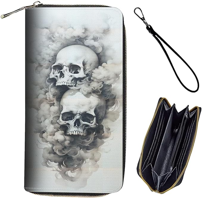 Bxgolkgd Womens Wallet, RFID Blocking Leather Wallet,Large Capacity Wallet Credit Card Holder PU Leather Ladies Clutch with Zipper Coin Pocket - Smoke Skull
