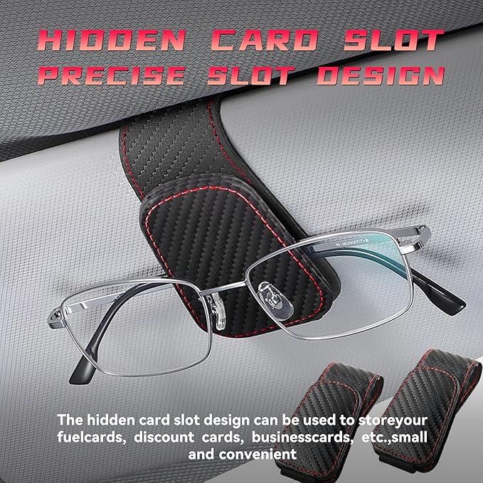 2PCS Sunglasses Holders for Car Sun Visor, Leather Eyeglasses Hanger Mounter, Magnetic Glasses Holder and Ticket Card Clip, Universal Auto Interior Accessories (Carbon Fiber, 1PCS)