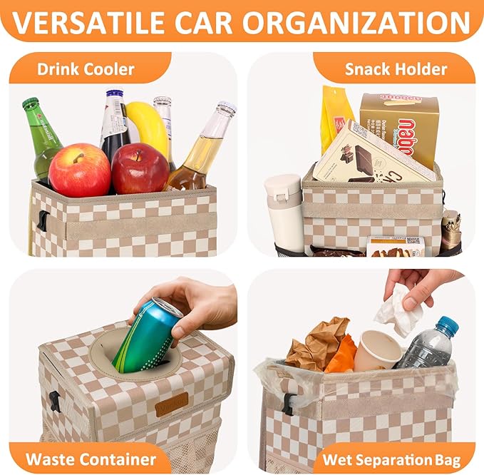 Vankor Car Trash Can Bin with Lid Hanging for Back Seat, Car Accessories for Women Men Leak Proof Automotive Garbage Cans Leakproof Vehicle Trash Can for Truck SUV,Khaki Checkered
